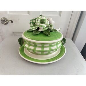 Hard To Find Country Casual MCM Floral Mushrooms Green/White Soup Tureen Read!